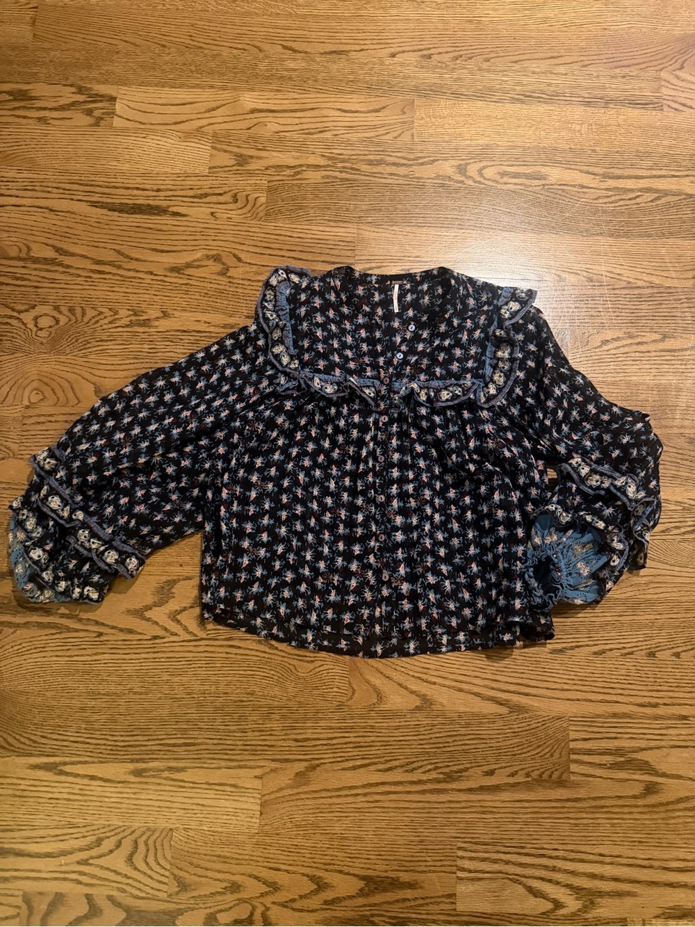 Free People Navy Floral Print Blouse with Light Blue and Red Accents